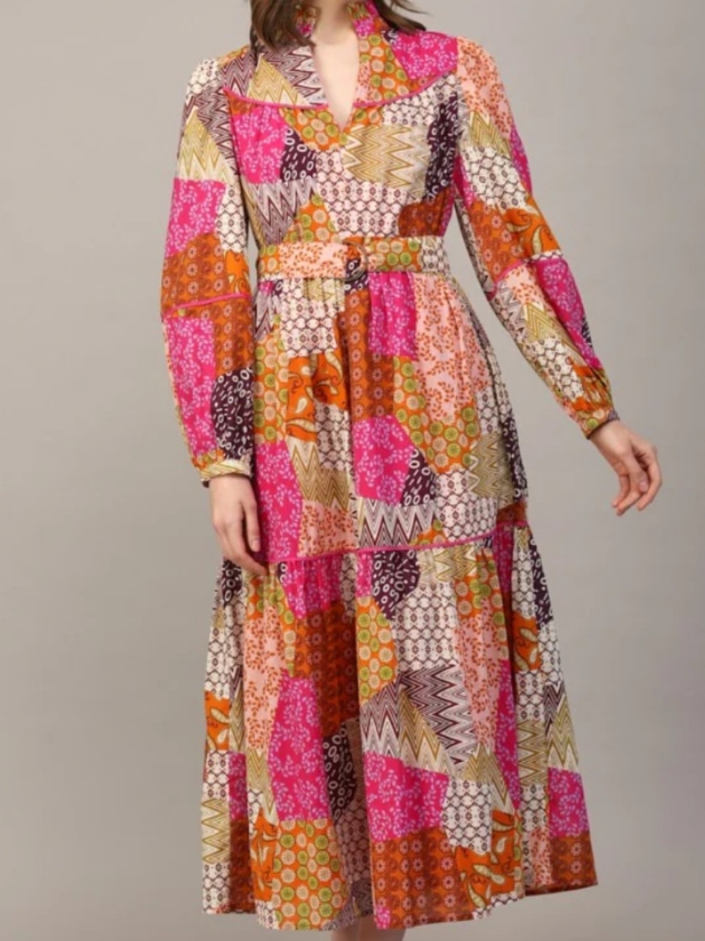 Fate $84 New Hallie Patchwork Print  Midi Dress with Belt 100% Cotton Size: L